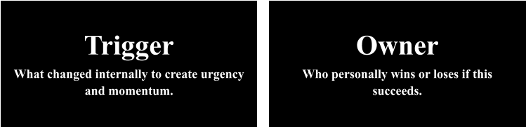 Owner Who personally wins or loses if this succeeds. Trigger What changed internally to create urgency and momentum.