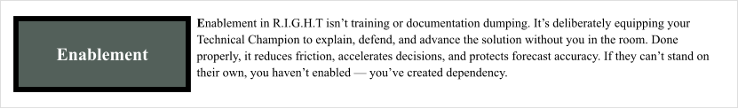 Enablement Enablement in R.I.G.H.T isn’t training or documentation dumping. It’s deliberately equipping your Technical Champion to explain, defend, and advance the solution without you in the room. Done properly, it reduces friction, accelerates decisions, and protects forecast accuracy. If they can’t stand on their own, you haven’t enabled — you’ve created dependency.